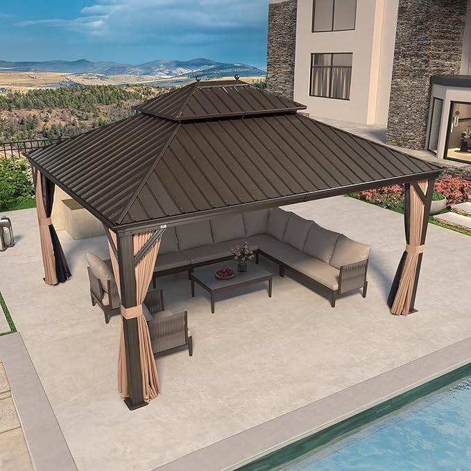 PURPLE LEAF 13' X 15' Outdoor Hardtop Gazebo Patio Wide Aluminum Frame Metal Double Roof with Heavy Duty Netting and Curtains for Permanent Hard Top Pavilion Screen, Khaki