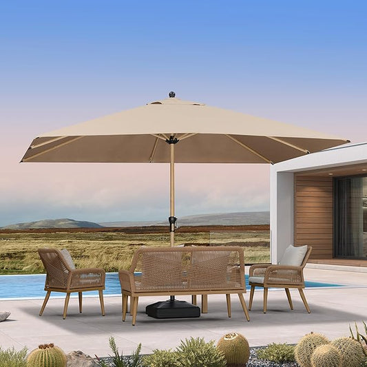 PURPLE LEAF 9' x 11.5' Patio Umbrella with Base Outdoor Umbrella Market Umbrella with Crank & 8 Ribs Aluminum Rectangular Table Umbrella Outdoor Patio for Backyard, Taupe