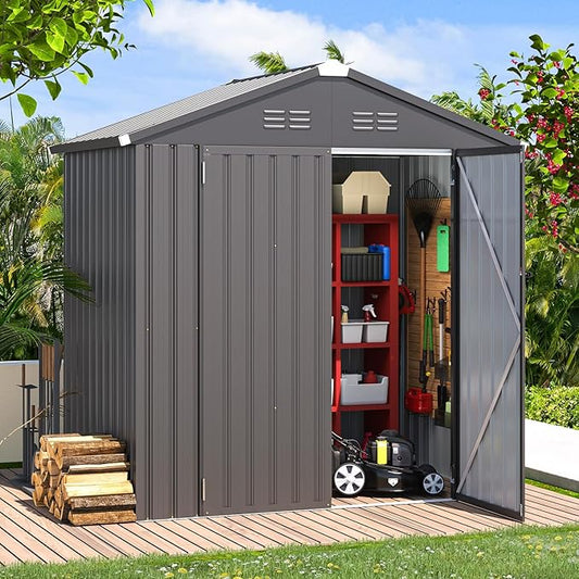 AECOJOY 6' x 4' Outdoor Storage Shed, Dark Grey 4x6 Metal Sheds & Outdoor Storage Clearance, Utility and Tool Garden Shed with Lockable Doors for Backyard, Patio, Outside Use