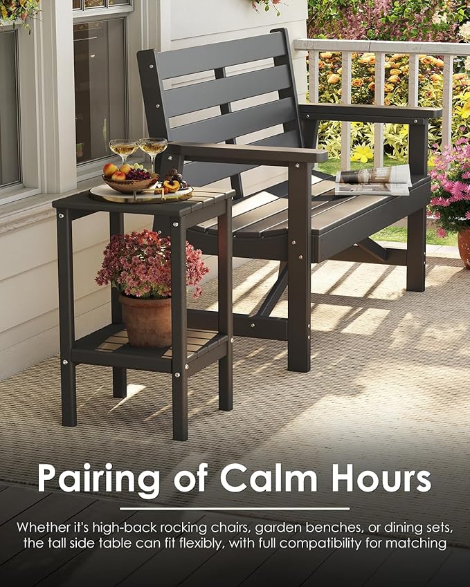 GREENVINES Tall-Outdoor-Side-Table | 23.5" | HDPE Plastic | Patio Adirondack End Tables | All Weather | 2-Tier | Grey | for Porch Garden Indoor & Rocking Chairs