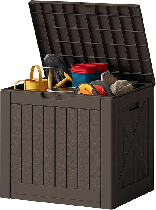 JUMMICO 42 Gallon Deck Box Waterproof, Resin Outdoor Storage Box with Side Handles, Outdoor Storage Benches Lockable for Patio Cushions and Garden Tools (Brown)