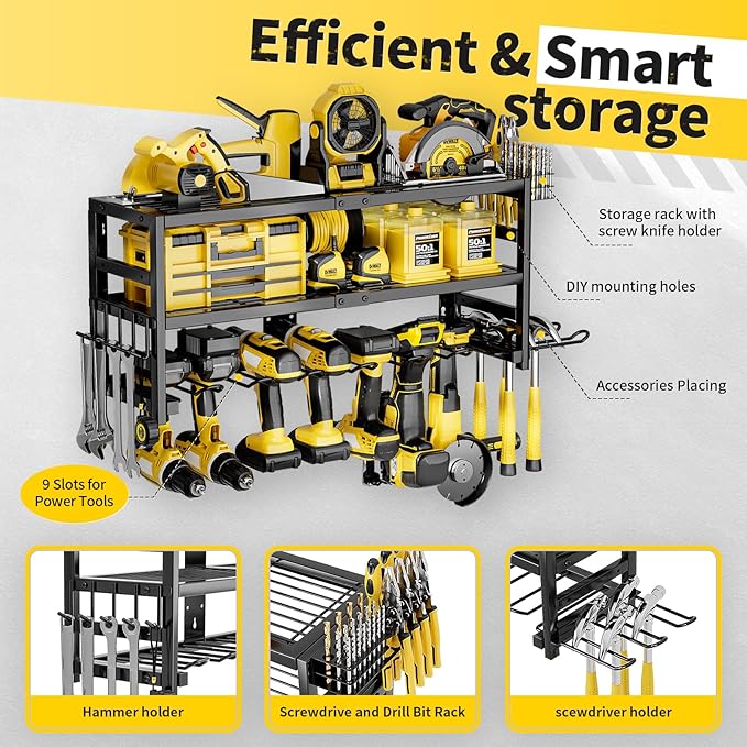 Power Tool Organizer Wall Mount Heavy Duty 320 lbs, 3-Tier Rack with 9 Drill Holders & Battery Storage for Garage, Workshop & Tool Room，Gifts for Men Who Have Everything