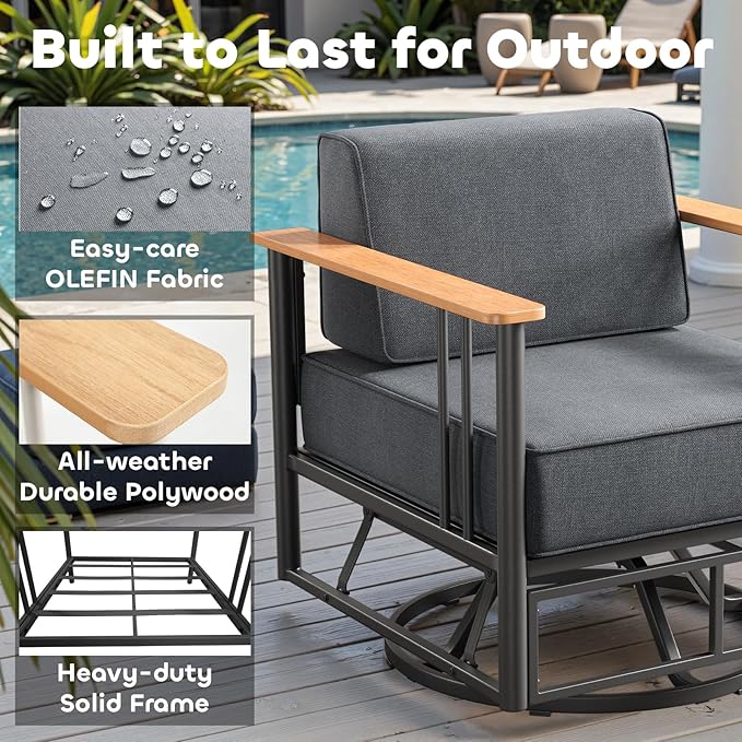 Luxury Patio Swivel Chairs with 6" Extra Thick Cushions, Outdoor Swivel Chairs with Side Table, Outdoor Furniture for Porch, Balcony, Deck, Patio, Yard, Poolside, Black/Grey