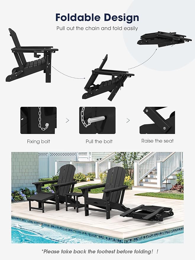 KINGYES Folding Adjustable Adirondack Chair with Retractable Ottoman Set of 6, HDPE All Weather Chair with Cup Holder - Versatile Adirondack Chair, Black