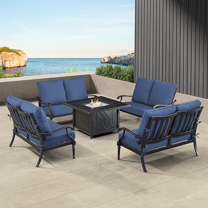 Oakland Living Black Aluminum Patio Fire Table Set with Four Deep Seating Loveseat with Cushions with Blue Cushions