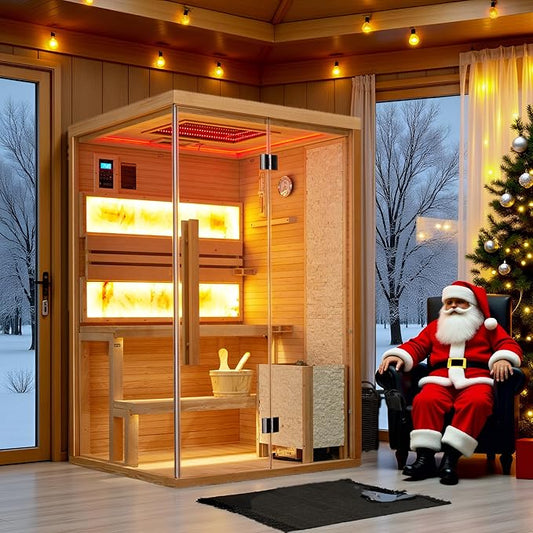 Traditional Steam Saunas for 2-4 Person,Luxurious Indoor Sauna with 2300W Stove Heater,Wood Saunas Room with 2 Himalayan Salt Bricks,7-Color Dynamic Abysm Sky Lights,Bluetooth Speaker