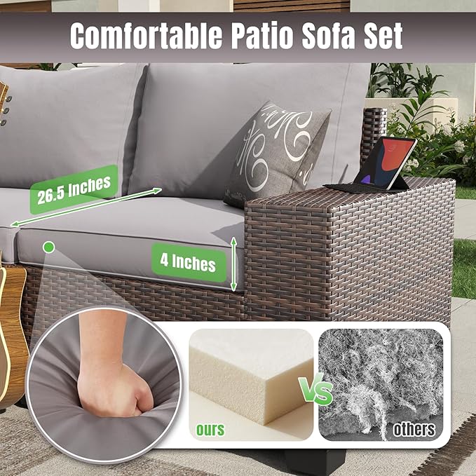 Aoxun 6 Pieces Patio Furniture Set Wicker Rattan Outdoor Sectional Conversation Set with Coffee Table and 4” Thickened Cushions, Gray (Waterproof Cover Included)