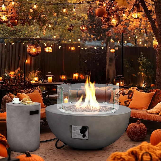 Round Propane Fire Pit–31.5 Inch Outdoor Modern Firepit 3-Piece 50,000 BTU Gas Concrete Fire Pit Tank Cover CSA Certification w Lid and Glass Wind Guard,Lava Rocks for Deck or Patio