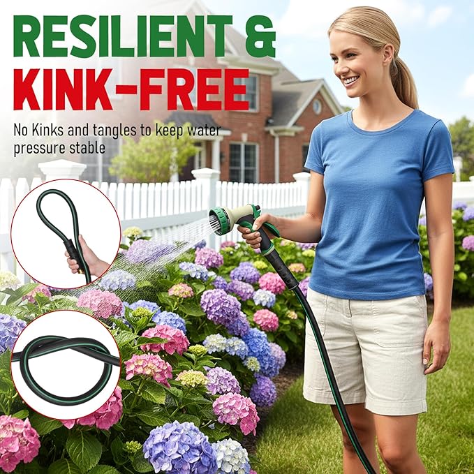 Garden Hose 50ft with 10 Function Nozzle, NON-EXPANDABLE Flexible Water Hose, Kink Resistant Lightweight Hybrid Hose, Leakproof Hose Male to Female Fittings