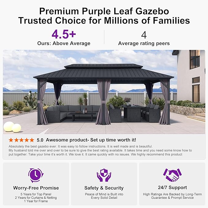 PURPLE LEAF 10'x20' Hardtop Gazebo with Lights Outdoor Pavilion Waterproof Double Roof Galvanized Steel for Patio and Garden Includes Netting and Curtains Grey