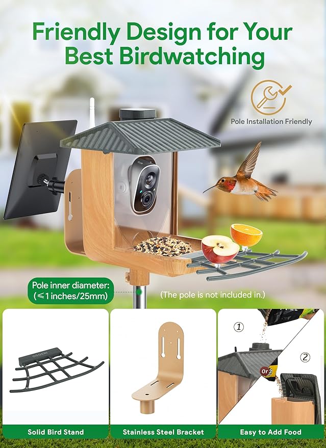 Osoeri Bird Feeder with Camera, Smart AI Identify Wild Bird Feeder Camera Solar Powered, Auto Capture Videos & Motion Detection, DIY Add-ons & Hummingbird Feeder, Ideal Gift for Bird Lover