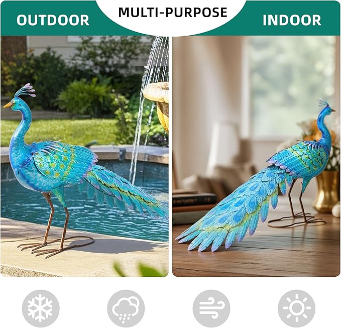 Ultym 31" Metal Peacock Yard Decor - Handmade Oversize Peacock Sculptures with Stable Ground Stakes, Backyard Decoration, Metal Garden Art