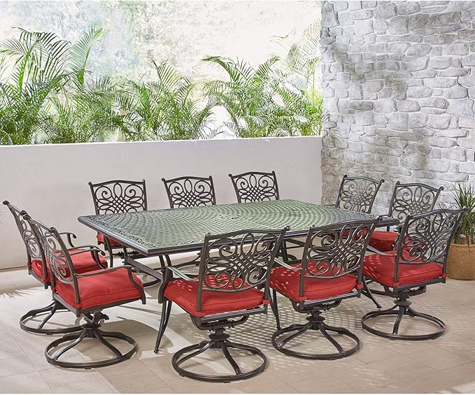 Hanover Traditions 11-Piece Modern Outdoor Dining Set with Rust Resistant Cast Aluminum Rectangular Large Dining Table and 10 Swivel Rocker Chairs with Plush Weather Resistant Red Cushions