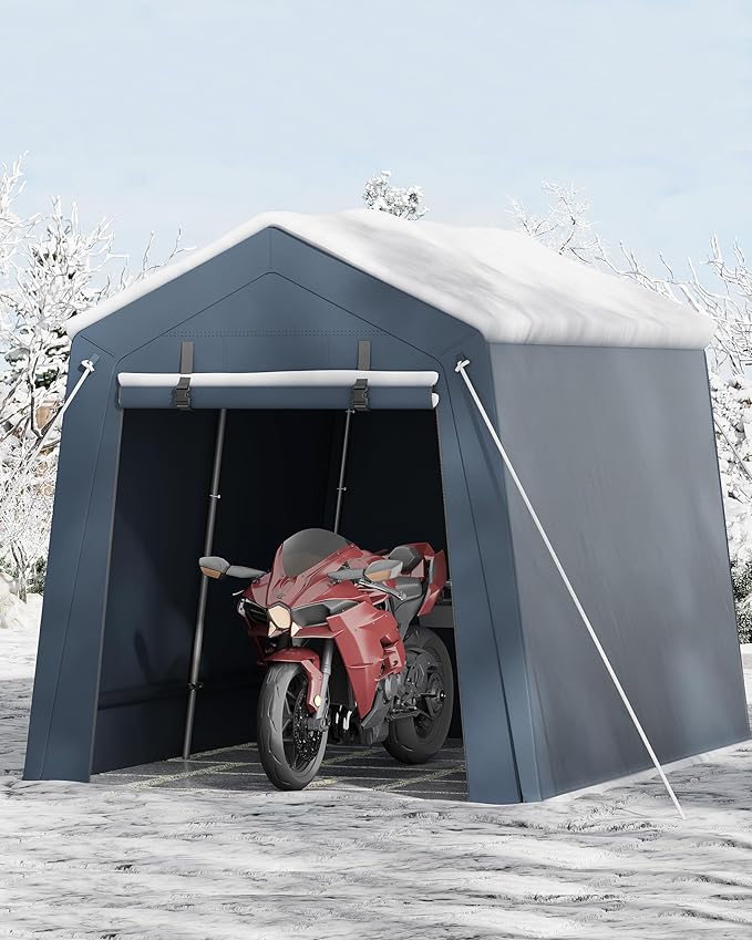 7 X 10 Ft Carport Portable Storage Shed Outdoor Tarp Sheds with Roll-Up Door, Bike Shed Storage Tent for Motorcycle, Garden Tools Gray
