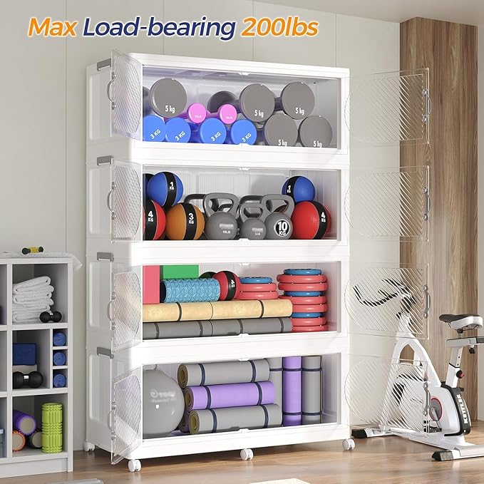 960QT Plastic Stackable Storage Bins with Lid, 240GAL Extra Large Collapsible Box with Wheels Clear Door, Foldable Closet Organizer Container Cabinet Drawer for Home Kitchen，4Pack, White