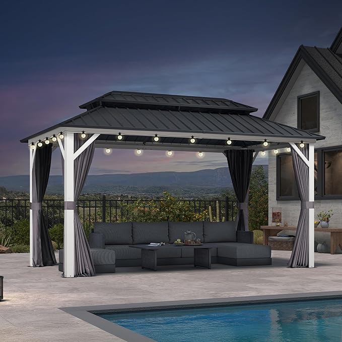 PURPLE LEAF 8' X 14' Outdoor Gazebo Galvanized Steel Double Roof White Aluminum Frame Hardtop Heavy Duty Gazebo with Curtain and Netting for Patio Garden and Backyard, Grey