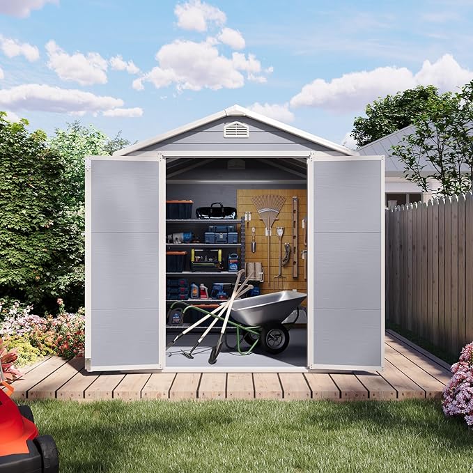 6x8FT Storage Shed Plastic Outdoor Storage Shed Waterproof Container House with Lockable Door and Transparent Window for Garden, Lawn, Backyard
