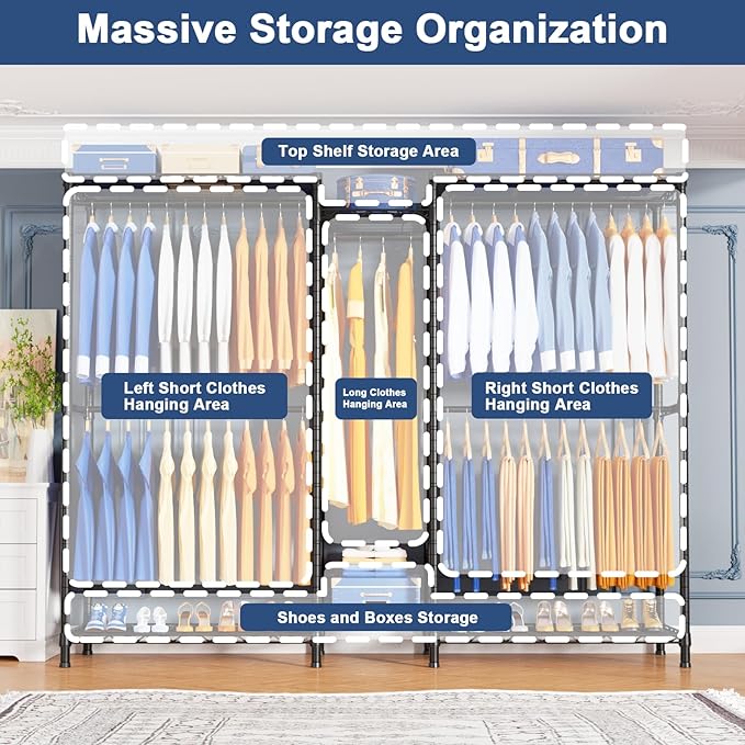 Ulif E12C Heavy Duty Closet Organizer System，Freestanding Clothing Racks for Hanging Clothes，Adjustable Garment Rack 71" W x 16" D x 76.5" H Hold 960 lbs，Black Clothing Rack with Grey Dustproof Cover