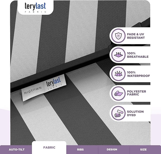 Midtown Umbrellas The Lean 6 Feet Outdoor Umbrella With Terylast Matter Stripes (Grey/White Stripes) Polyester Fabric - Auto-Tilt Aluminum Frame Patio Umbrella For Deck, Garden, Pool - Black Pole