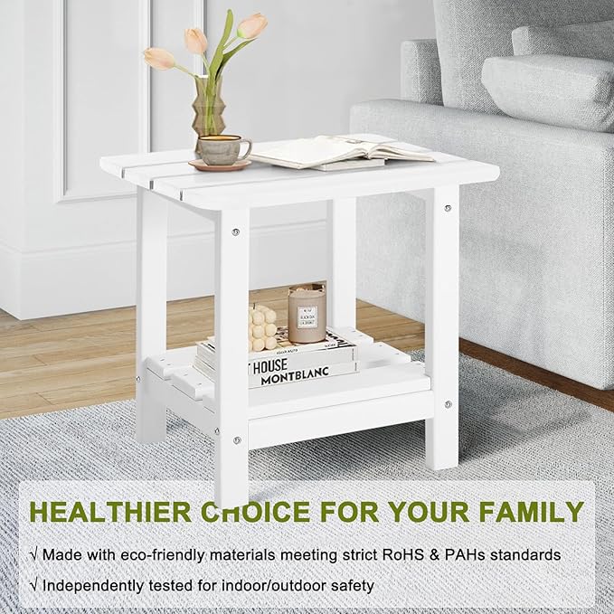 Set 2 Adirondack Outdoor Side Table, 2-Tier Small Patio End Table, Weather Resistant HDPE Outdoor End Tables for Garden, Lawn, Pool, Beach, Porch, Deck, Backyard - Square, White