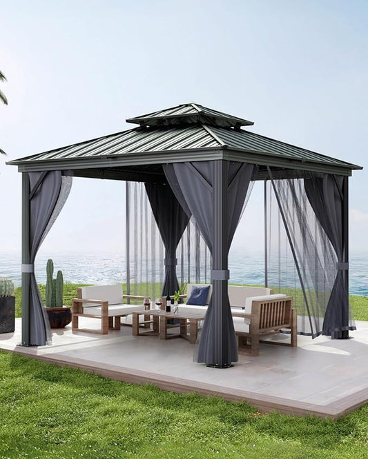 GarveeLife Hardtop Gazebo 12 ft x12 ft for All Weather, with Double Metal Roof, Aluminum Alloy Frame, Net, and Curtain, Permanent Building for Patio, Deck, Backyard, Lawn, and Garden