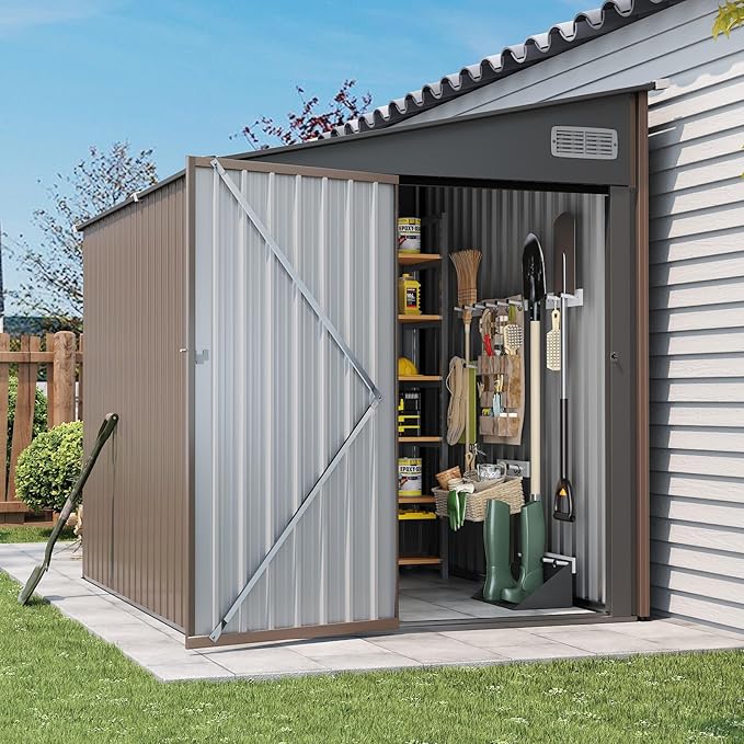 7'x5.5' Lean to Shed Large Storage Room Galvanized Steel Storage Sheds with Side Door Waterproof Utility Shed with Sloped Roof for Mower, Bike, Garden Tools (Brown)
