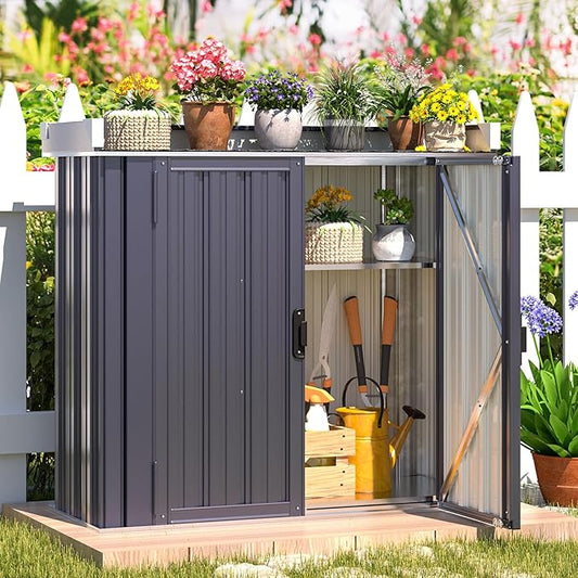 AECOJOY Outdoor Storage Cabinet Waterproof, Potting Workbench Table with Adjustable Shelves, Large Space Outside Metal Sheds & Outdoor Storage Garden Cabinet for Gardening Tools, Grey