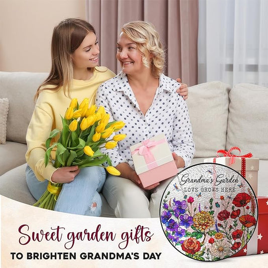 FLAGWIX Grandma Gifts - Grandmas Garden Stained Glass Window Hanging with Base 8 in - Mothers Day Decorations Nana Gigi Gifts for Grandma, Sun Catchers Indoor Window for Home Garden Decor