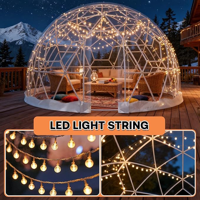 Garden Dome Tent 9.5*5.7FT, 360° View Geodesic Dome Greenhouse with PVC Clear Cover, Waterproof Garden Bubble Dome Tent House with 2 x 10M Light Strings for Outdoor, White