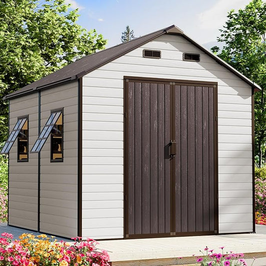 8x8 FT Outdoor Storage Shed, Waterproof Resin Shed with Floor Included & Lockable Door & Window & Vents, Outside Plastic Sheds for Backyard, Patio, Poolside, Lawn, Dove Grey
