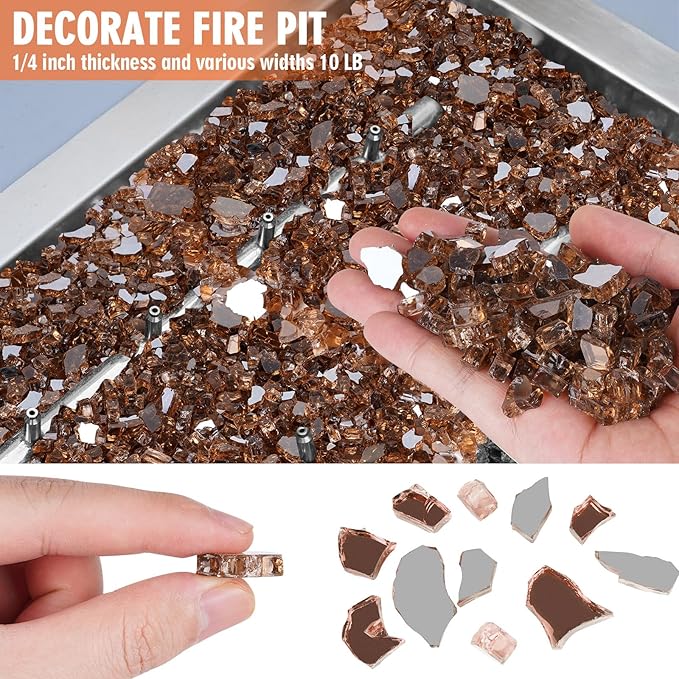Mesida Fire Glass for Propane Fire Pit, 1/2 Inch Reflective Firepit Glass Rocks for Fireplace, Outdoor Fire Table & Landscaping, 10 lbs Tempered High Luster Glass,Copper