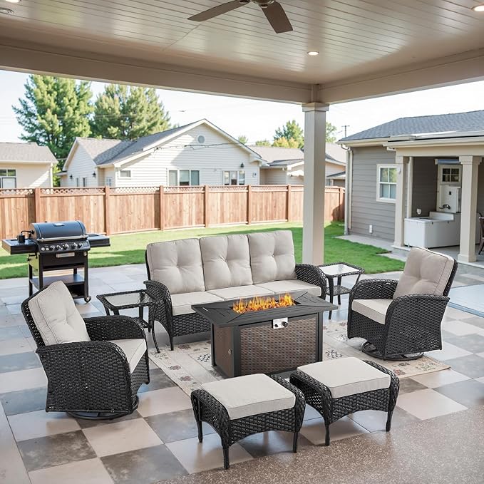 Belord 8 Piece Patio Furniture Set with 50000 BTU Propane Fire Pit Table, Outdoor Conversation Set with 2 Swivel Rocker Chairs Wicker Sofa and Ottomans for Casual Gatherings Black