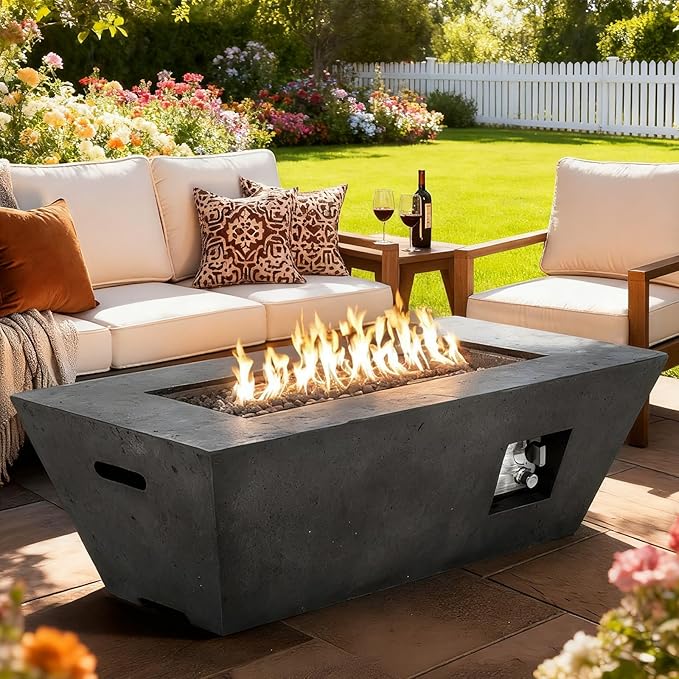 ECOTOUGE Propane Fire Pit, Outdoor Gas Fire Pit Table Set w/Side Handles, 42''Auto-Ignition Steel Fire Table, 50,000 BTU Trapezoid Concrete Fire Pit, Weather-Resistant Pit Cover, smokeless, Black