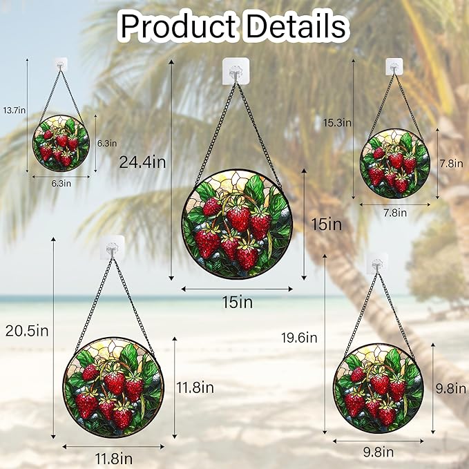 AMDERVEN Stained Glass Suncatcher, Red Strawberry Green Leaf Sun Catcher Silver Background Stain Glass Window Hanging Decoration Mother's Day Birthday Gifts for Women Men Mom Nana 7.8 in