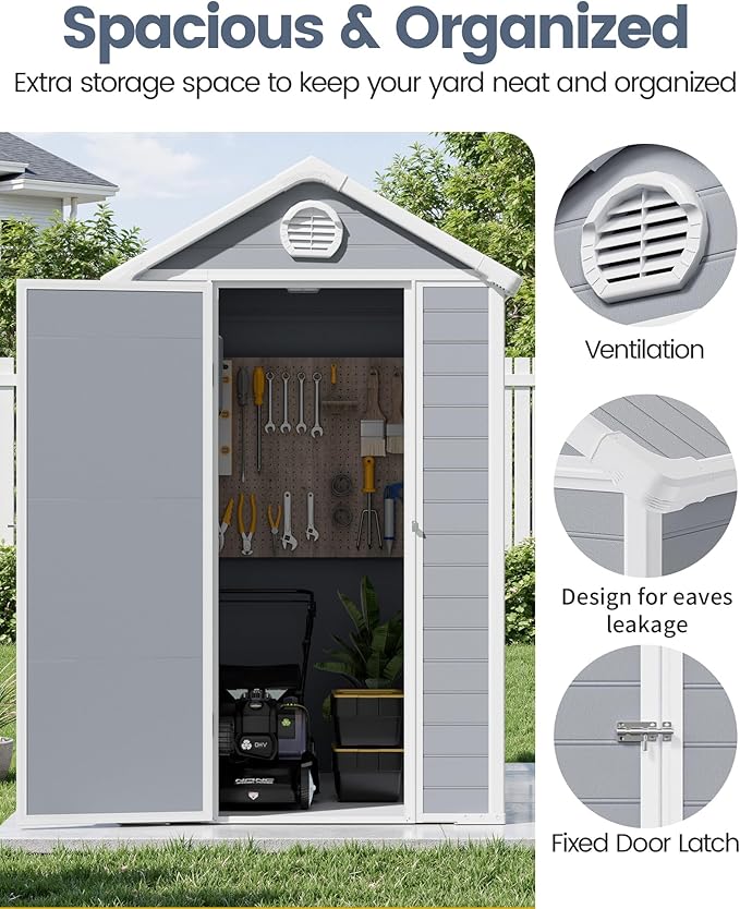 6x4.5 Resin Outdoor Storage Shed with Enhanced Roof Runoff & Floor, Secure Hidden Screws Design, Durable Build for Deck, Pool Supplies, and Versatile Storage, Aritic Light Grey