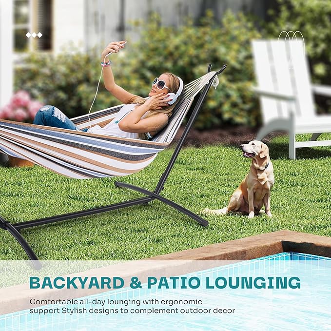 NEWBULIG Double Hammock with Stand, Heavy Duty Portable Hammocks for Outdoor Indoor Patio Camping, Space Saving Design & Carry Bag, Easy Assembly, 450lb Weight Capacity, Coffee