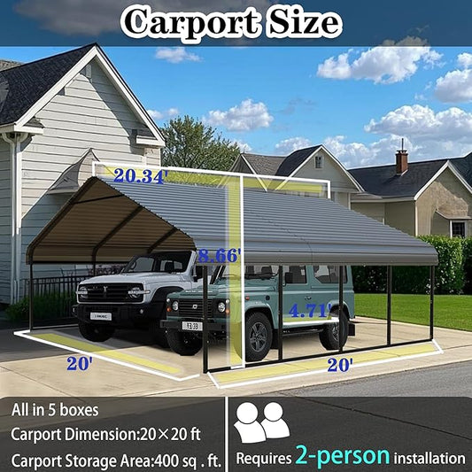 Heavy Duty Metal Carport 20x20 ft Galvanized Steel Frame RV Carport Storage All Weather Shelter Easy Assembly for 2 Car Extra Large Canopy for Dual Vehicle Boat Protection Garage (20x20 FT)