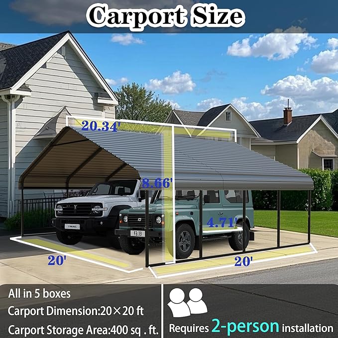 Heavy Duty Metal Carport 20x20 FT Galvanized Steel Carport Shelter for 2 Car Extra Large Canopy for Dual Vehicle, RV Boat Storage All Weather Protection Garage Party Tent (20x20 FT)