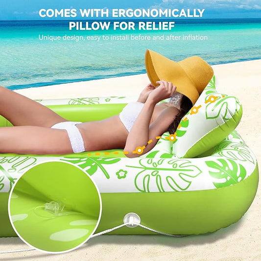Inflatable Tanning Pool Lounger Float with Cervical Pillow - Pool Floats Adult for Sunbathing, Backyard, Pool Party - Inflate Ball Pit for Babies - Kids Swimming Pool Bed