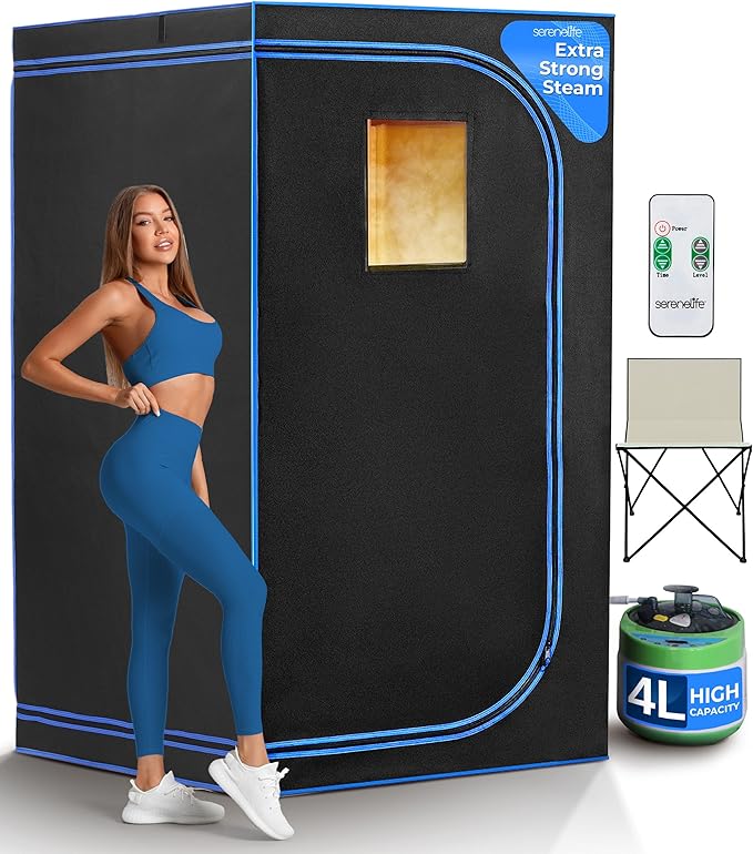 SereneLife Portable Sauna Box for Home, Steam Sauna Tent with Extra Large 4L Steamer - Includes Folding Sauna Chair, Remote Control w/ 9 Heat Levels for in-Home Spa - 2.9' x 2.9' x 5.9'