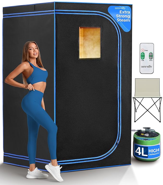 SereneLife Portable Sauna Box for Home, Steam Tent with Extra Large 4L Steamer - Includes Folding Chair, Remote Control w/ 9 Heat Levels for in-Home Spa - 2.9' x 2.9' x 5.9'