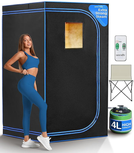SereneLife Portable Sauna Box for Home, Steam Tent with Extra Large 4L Steamer - Includes Folding Chair, Remote Control w/ 9 Heat Levels for in-Home Spa - 2.9' x 2.9' x 5.9'