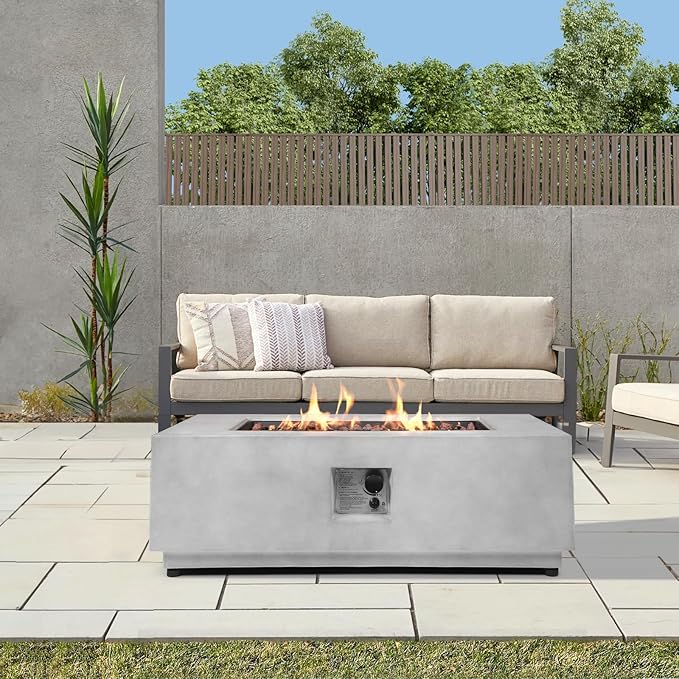 42inch Rectangle Concrete Fire Pit Table Propane - Modern Patio Fire Table w CSA Certified, 50,000 BTU Stainless Steel Burner Rectangular, Lava Rocks, Rain Cover