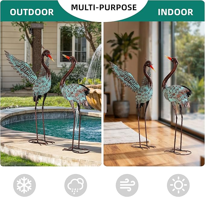 Ultym Extra-Large Metal Blue Heron Garden Statue, Handcrafted 36.8" Crane Decor Sculptures with Stable U-Ground Stakes, Backyard Decoration, Metal Garden Bird Animal Yard Art, Lawn Ornament Decor