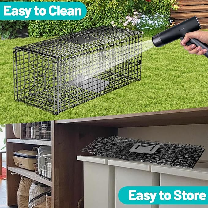 Live Humane Animal Trap, 32" x 11" x 12" Heavy Duty Humane Animal Cage Trap Catch and Release, Foldable Cat Trap for Stray Cats, Raccoons, Groundhogs, Opossums, Armadillos, and Similar-Sized Animals