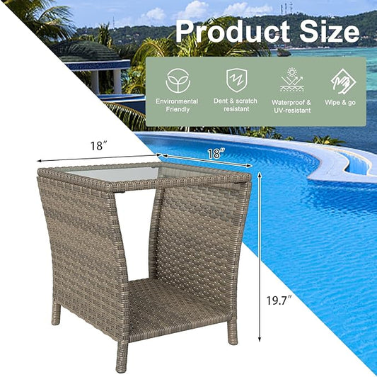 kinbor Small Patio Table - Tempered Glass Top Small Outdoor Wicker Side Table with Storage Shelf for Patio, Balcony & Porch, Durable PE Rattan & Iron Frame