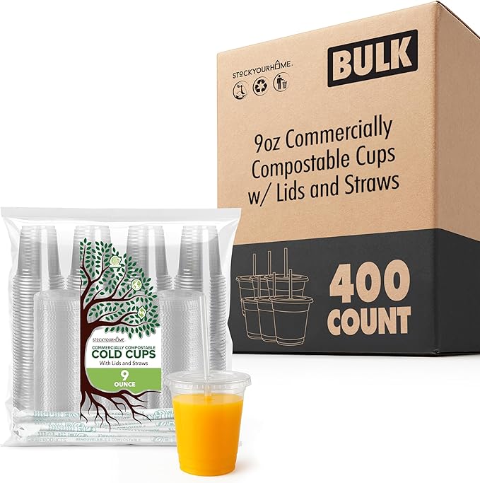 Stock Your Home 9 oz Clear Commercially Compostable Cups with Lids and Straws Set of 400, Eco Friendly Disposable Cups