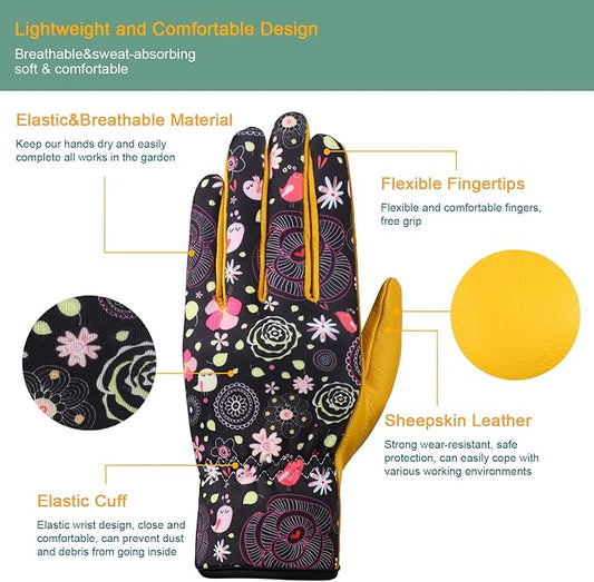 Bamllum Leather Gardening Gloves for Women - Working Gloves for Weeding, Digging, Planting, Raking and Pruning