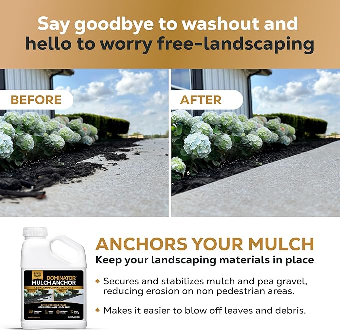 Dominator Mulch Anchor 1 Gallon - Mulch Glue & Rock Glue for Landscaping, Pea Gravel & Bark, Strong Stabilizer & Stone Adhesive, Gravel Binder, Ready to Use, Made in US