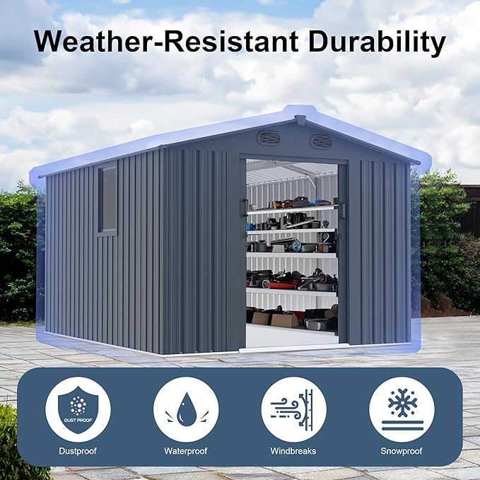 8x10 FT Outdoor Storage Shed,Large Metal Tool Sheds with Window and Lockable Doors, Garden Shed for Backyard Patio Lawn, Dark Grey